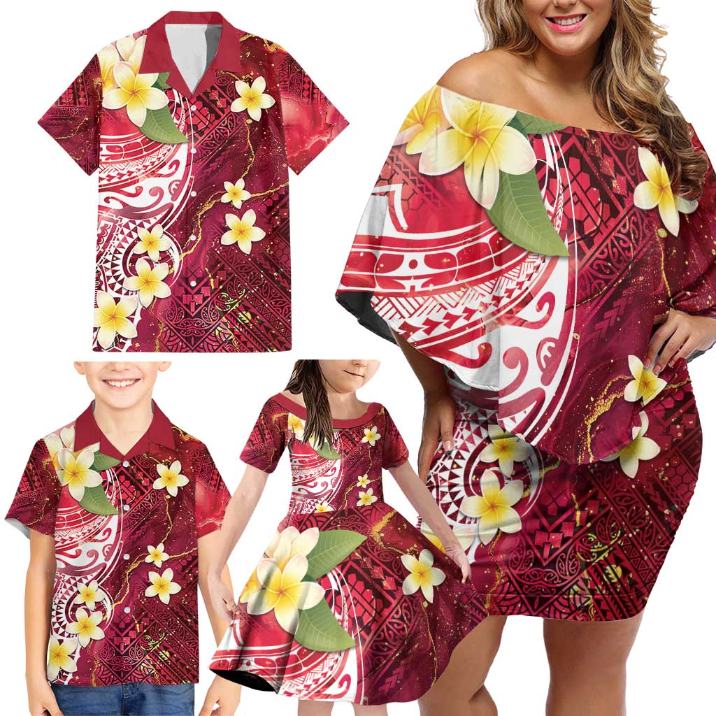 Polynesian Tribal Tattoo Family Matching Off Shoulder Short Dress and Hawaiian Shirt Plumeria Blood Red and Gold Marble Pattern