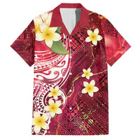 Polynesian Tribal Tattoo Family Matching Off Shoulder Short Dress and Hawaiian Shirt Plumeria Blood Red and Gold Marble Pattern