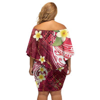 Polynesian Tribal Tattoo Family Matching Off Shoulder Short Dress and Hawaiian Shirt Plumeria Blood Red and Gold Marble Pattern
