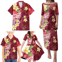 Polynesian Tribal Tattoo Family Matching Puletasi and Hawaiian Shirt Plumeria Blood Red and Gold Marble Pattern
