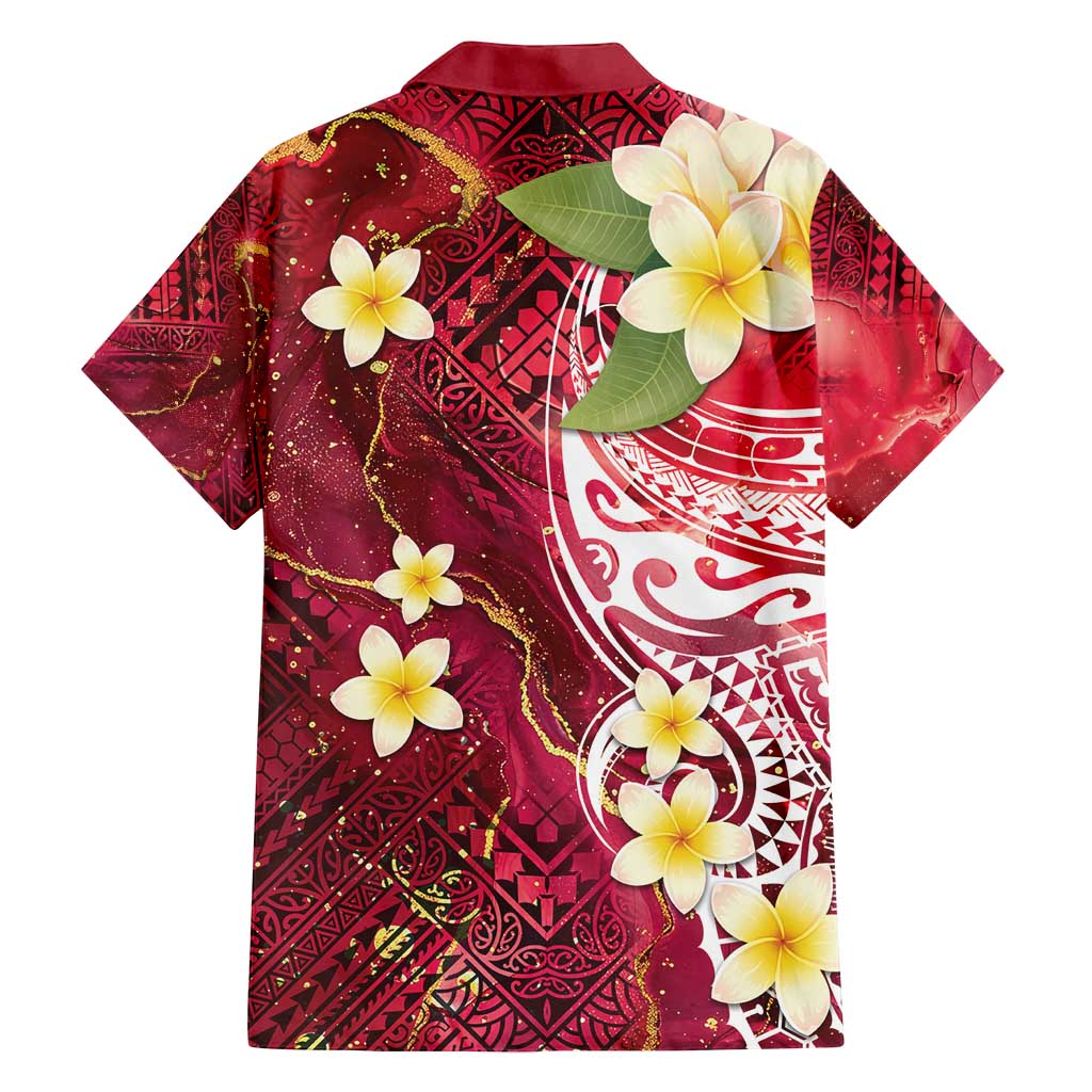Polynesian Tribal Tattoo Family Matching Puletasi and Hawaiian Shirt Plumeria Blood Red and Gold Marble Pattern