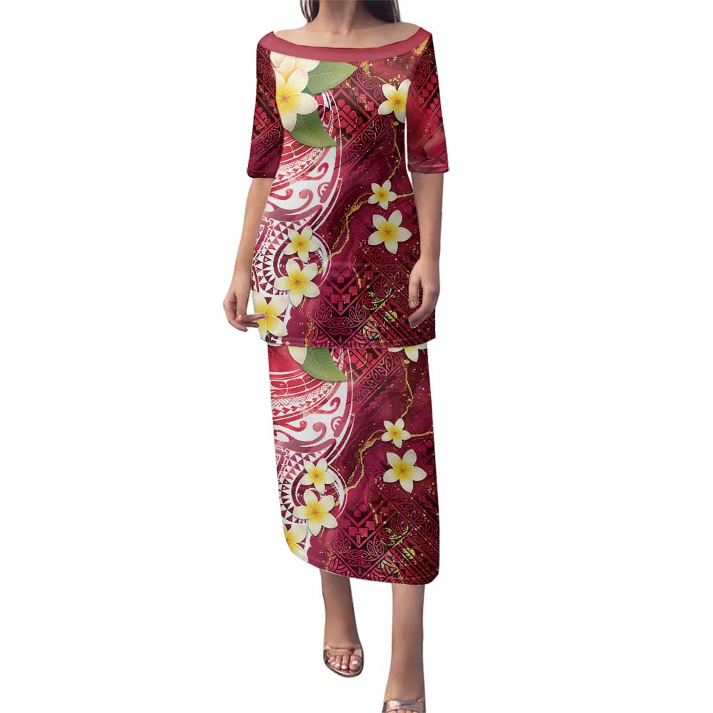 Polynesian Tribal Tattoo Family Matching Puletasi and Hawaiian Shirt Plumeria Blood Red and Gold Marble Pattern