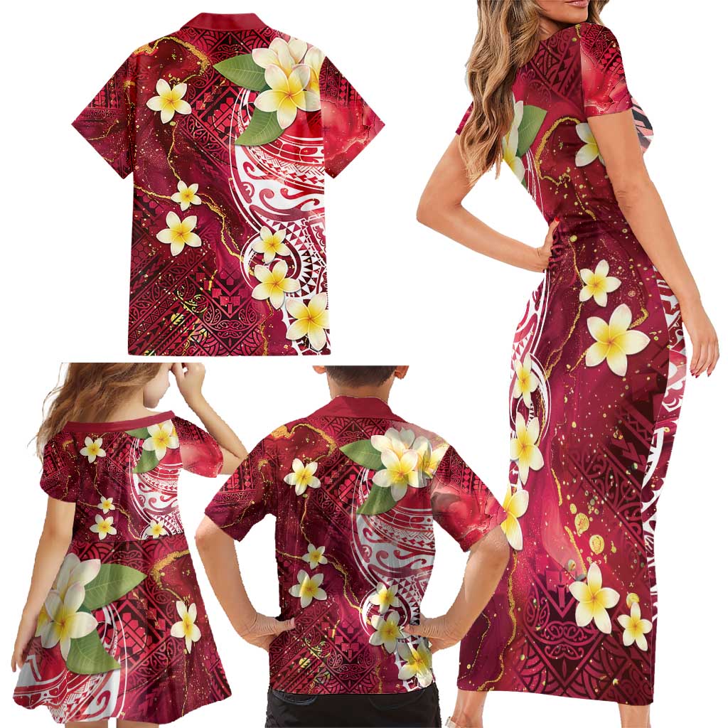 Polynesian Tribal Tattoo Family Matching Short Sleeve Bodycon Dress and Hawaiian Shirt Plumeria Blood Red and Gold Marble Pattern