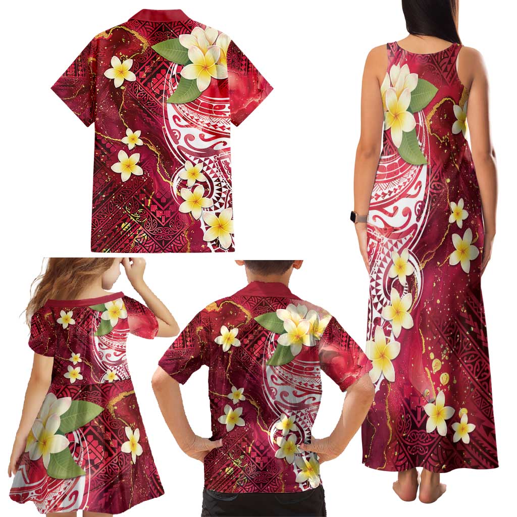 Polynesian Tribal Tattoo Family Matching Tank Maxi Dress and Hawaiian Shirt Plumeria Blood Red and Gold Marble Pattern