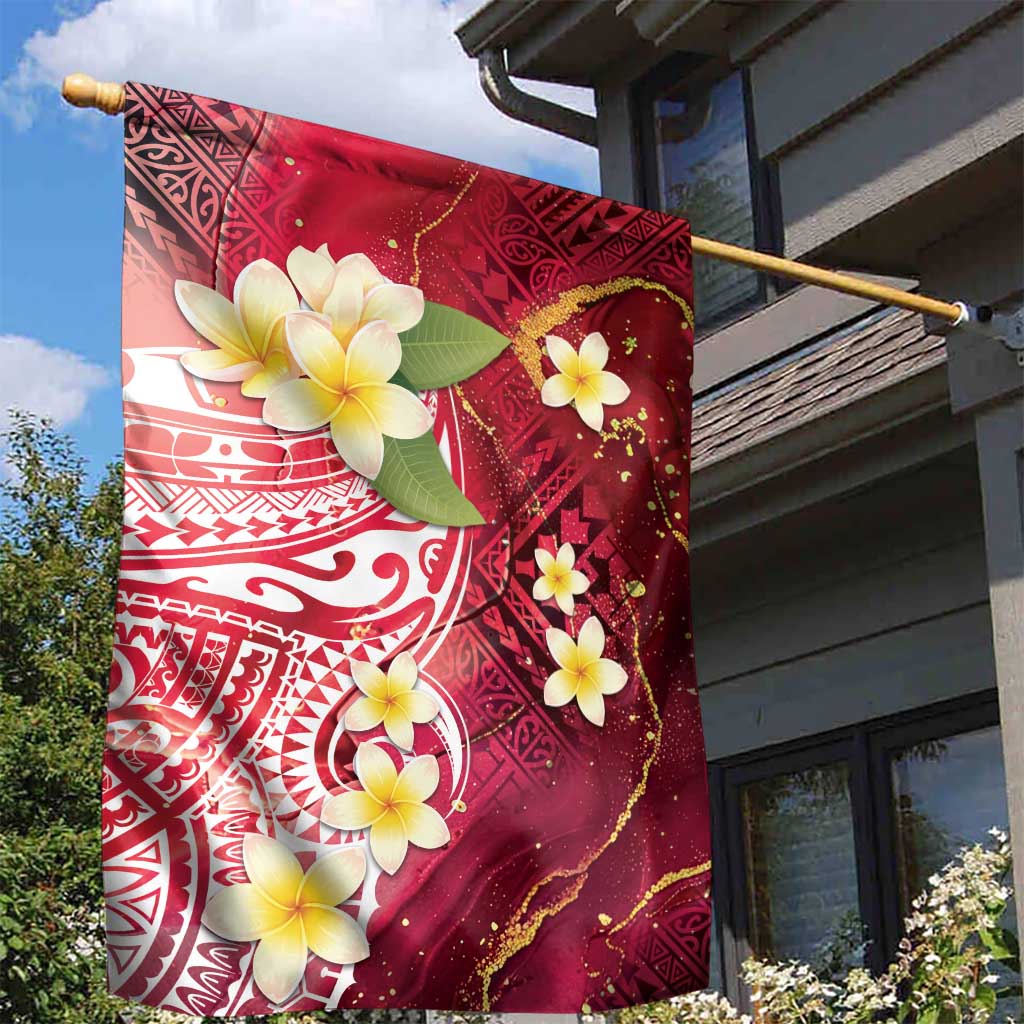 Polynesian Tribal Tattoo Garden Flag Plumeria Blood Red and Gold Marble Pattern LT9 - Polynesian Pride