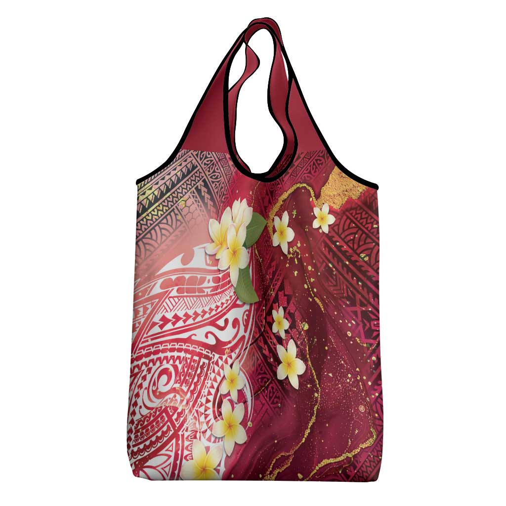 Polynesian Tribal Tattoo Grocery Bag Plumeria Blood Red and Gold Marble Pattern