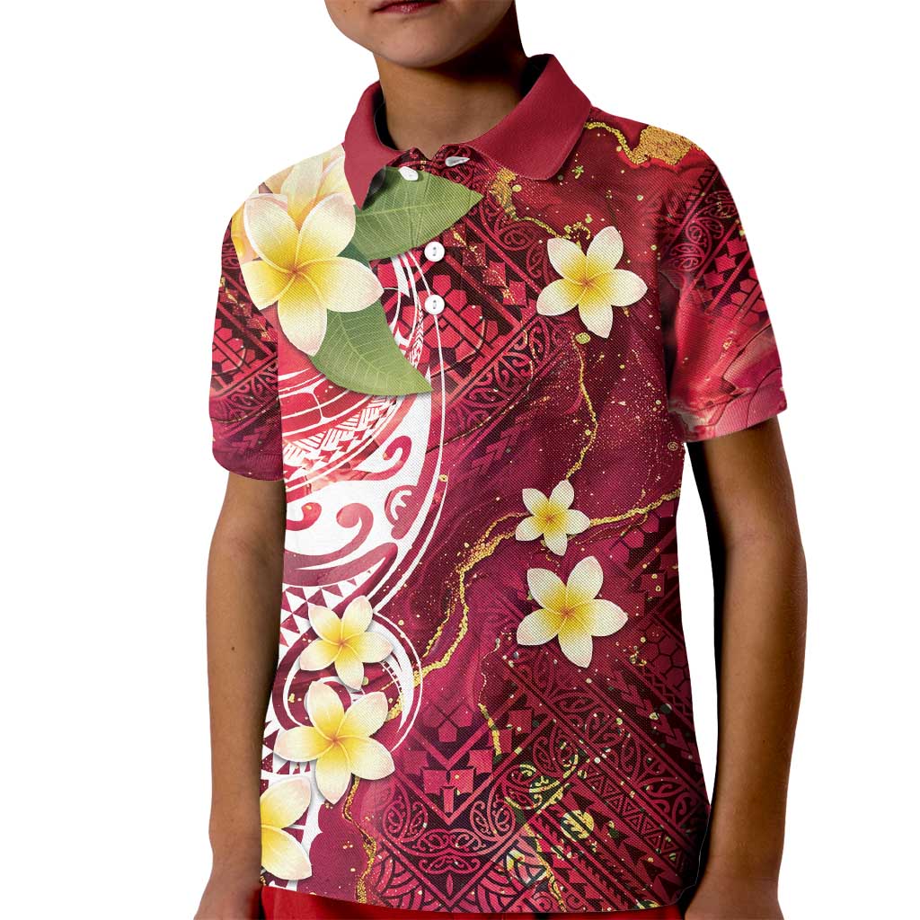 Polynesian Tribal Tattoo Kid Polo Shirt Plumeria Blood Red and Gold Marble Pattern