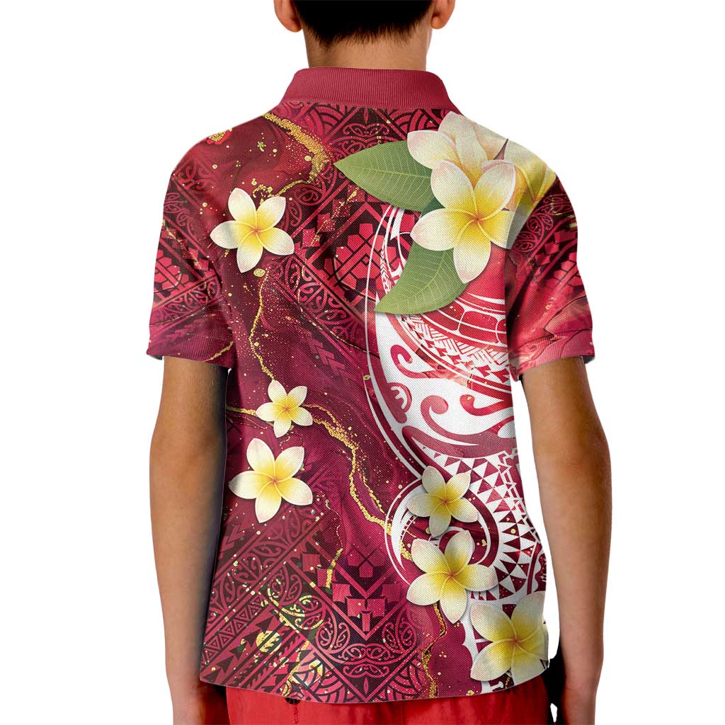Polynesian Tribal Tattoo Kid Polo Shirt Plumeria Blood Red and Gold Marble Pattern