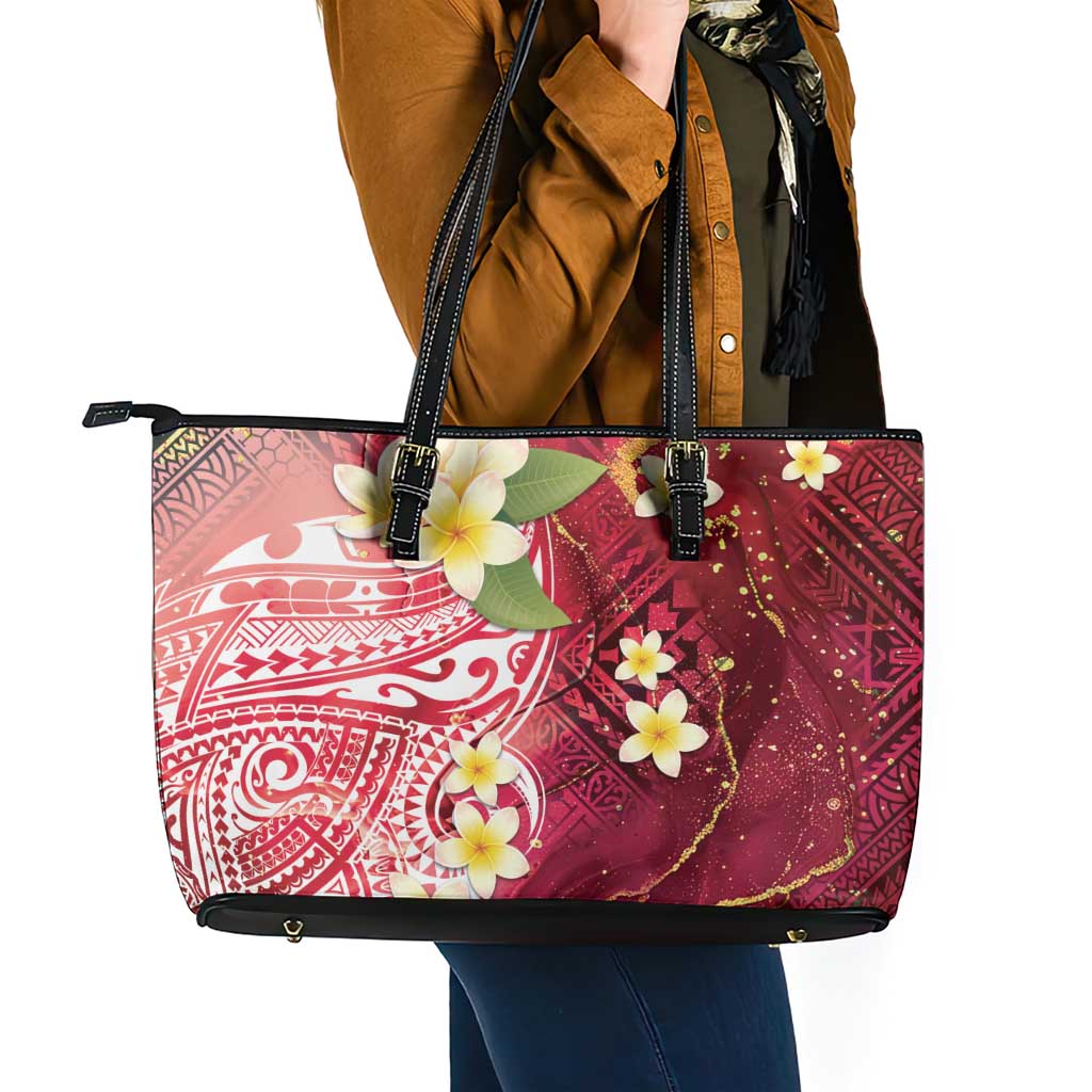 Polynesian Tribal Tattoo Leather Tote Bag Plumeria Blood Red and Gold Marble Pattern LT9 - Polynesian Pride