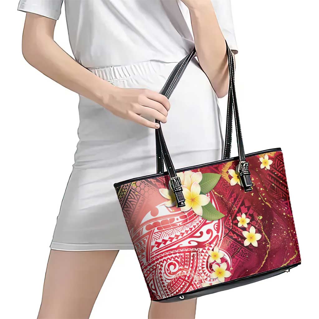 Polynesian Tribal Tattoo Leather Tote Bag Plumeria Blood Red and Gold Marble Pattern LT9 - Polynesian Pride