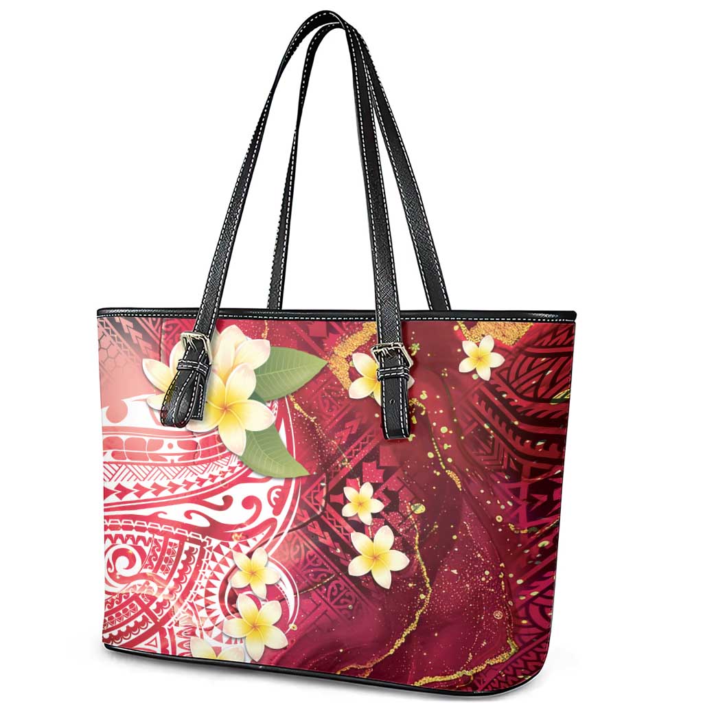 Polynesian Tribal Tattoo Leather Tote Bag Plumeria Blood Red and Gold Marble Pattern LT9 - Polynesian Pride