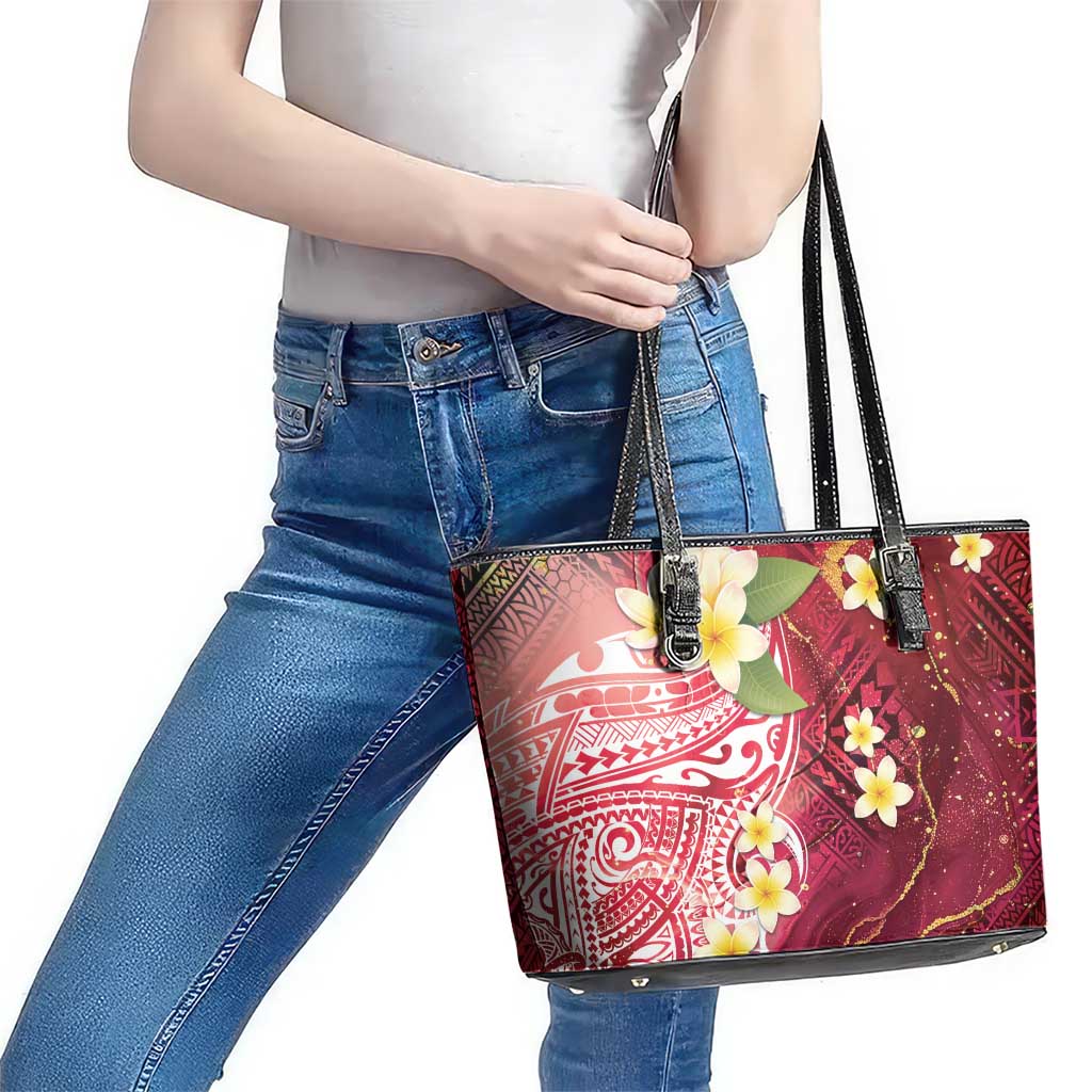 Polynesian Tribal Tattoo Leather Tote Bag Plumeria Blood Red and Gold Marble Pattern LT9 - Polynesian Pride