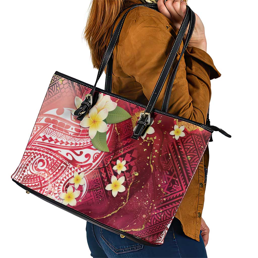 Polynesian Tribal Tattoo Leather Tote Bag Plumeria Blood Red and Gold Marble Pattern LT9 - Polynesian Pride