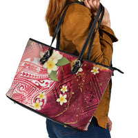 Polynesian Tribal Tattoo Leather Tote Bag Plumeria Blood Red and Gold Marble Pattern LT9 - Polynesian Pride