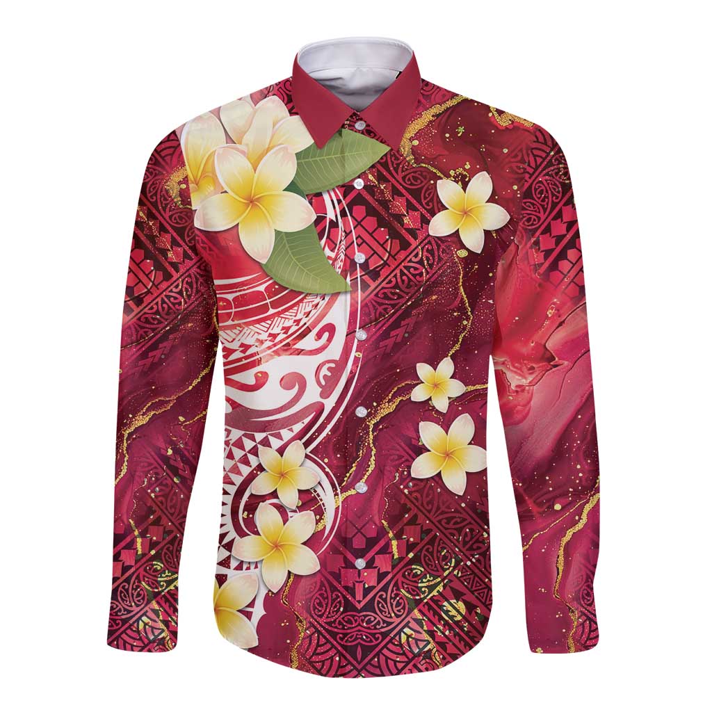 Polynesian Tribal Tattoo Long Sleeve Button Shirt Plumeria Blood Red and Gold Marble Pattern LT9 Unisex Red - Polynesian Pride
