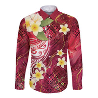 Polynesian Tribal Tattoo Long Sleeve Button Shirt Plumeria Blood Red and Gold Marble Pattern LT9 Unisex Red - Polynesian Pride