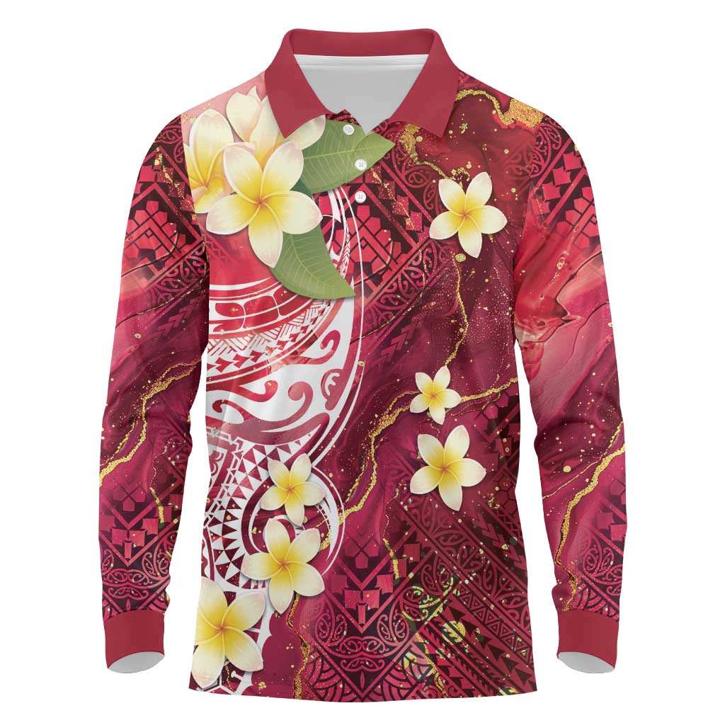 Polynesian Tribal Tattoo Long Sleeve Polo Shirt Plumeria Blood Red and Gold Marble Pattern
