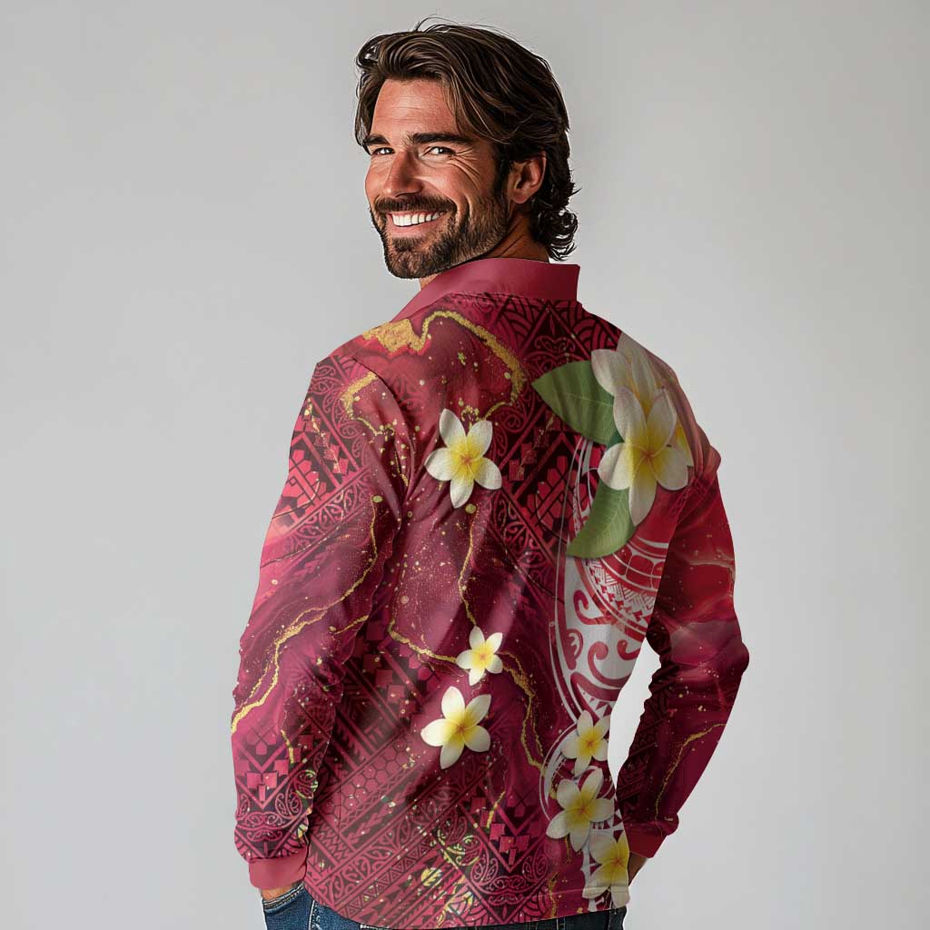Polynesian Tribal Tattoo Long Sleeve Polo Shirt Plumeria Blood Red and Gold Marble Pattern