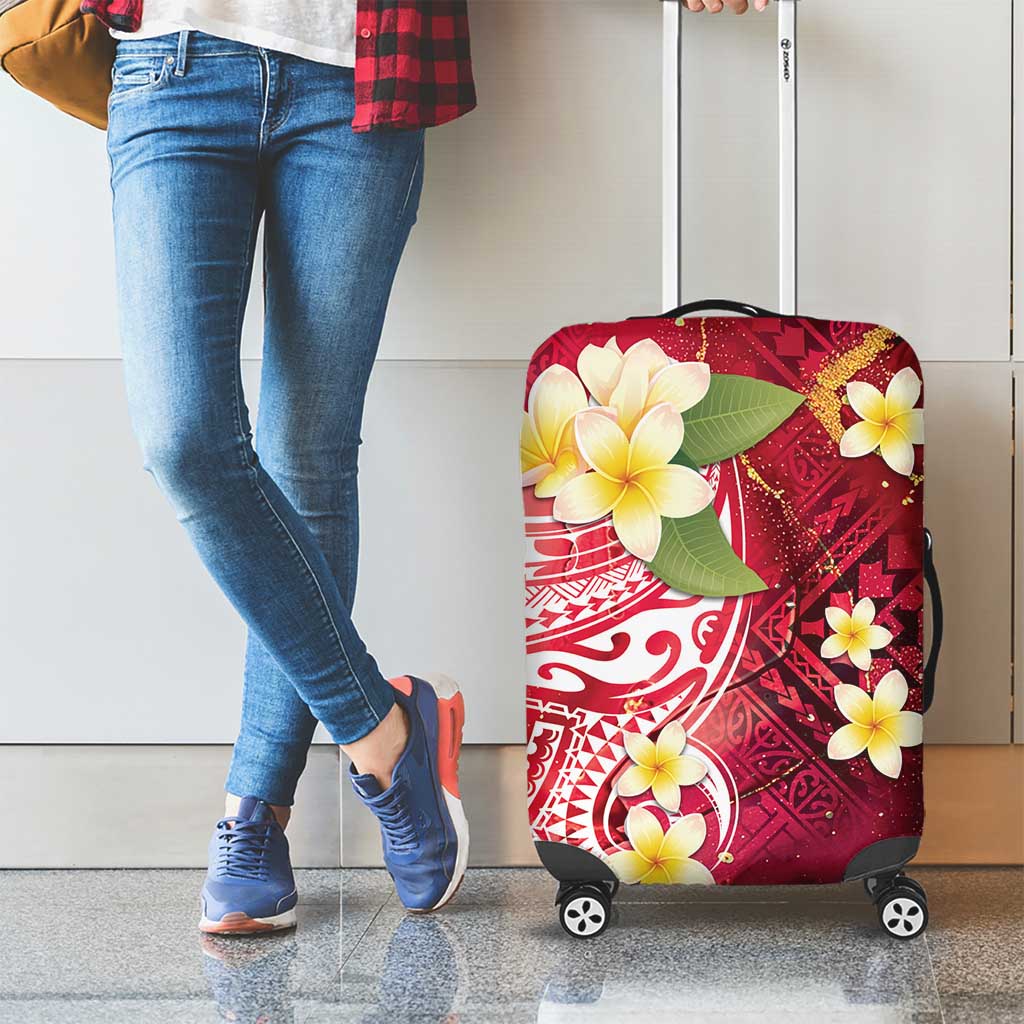 Polynesian Tribal Tattoo Luggage Cover Plumeria Blood Red and Gold Marble Pattern