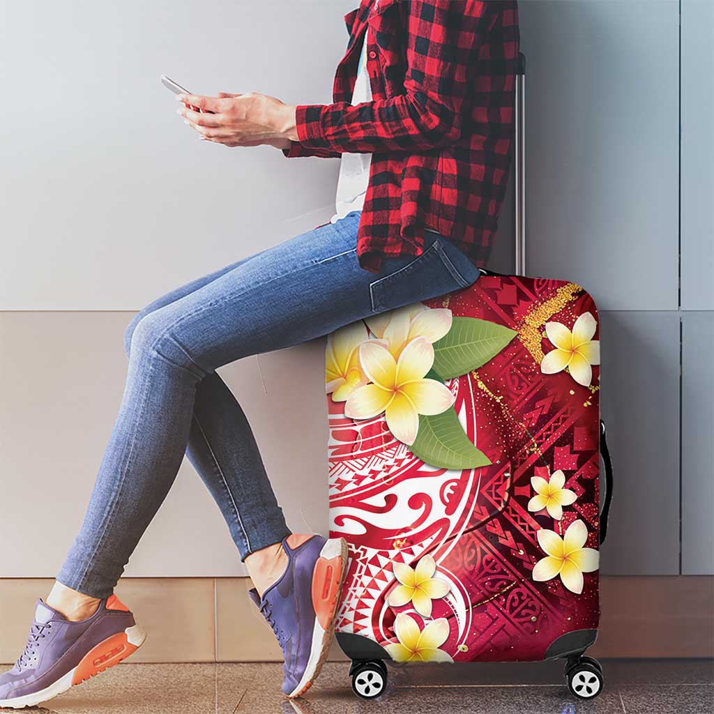 Polynesian Tribal Tattoo Luggage Cover Plumeria Blood Red and Gold Marble Pattern