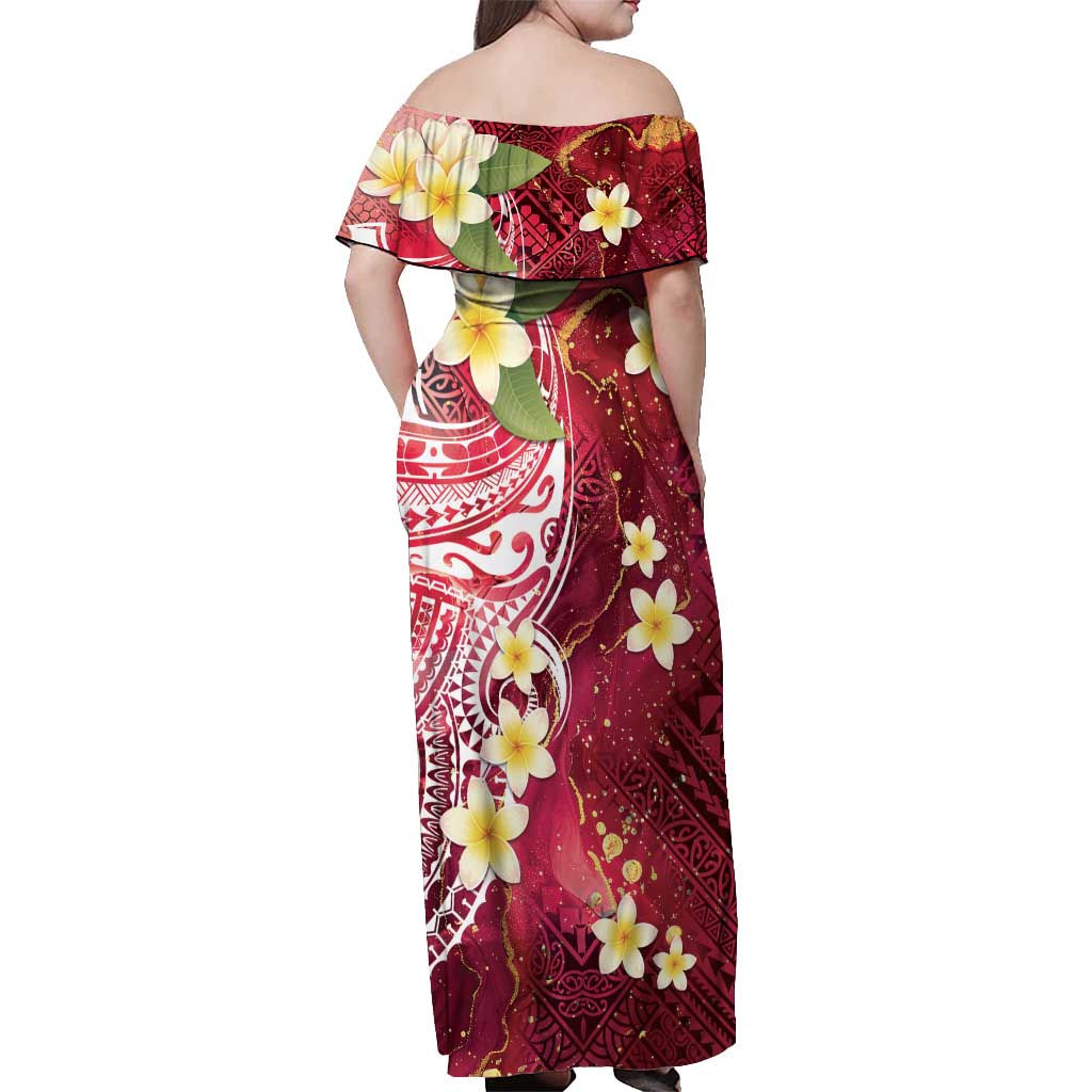 Polynesian Tribal Tattoo Off Shoulder Maxi Dress Plumeria Blood Red and Gold Marble Pattern LT9 - Polynesian Pride