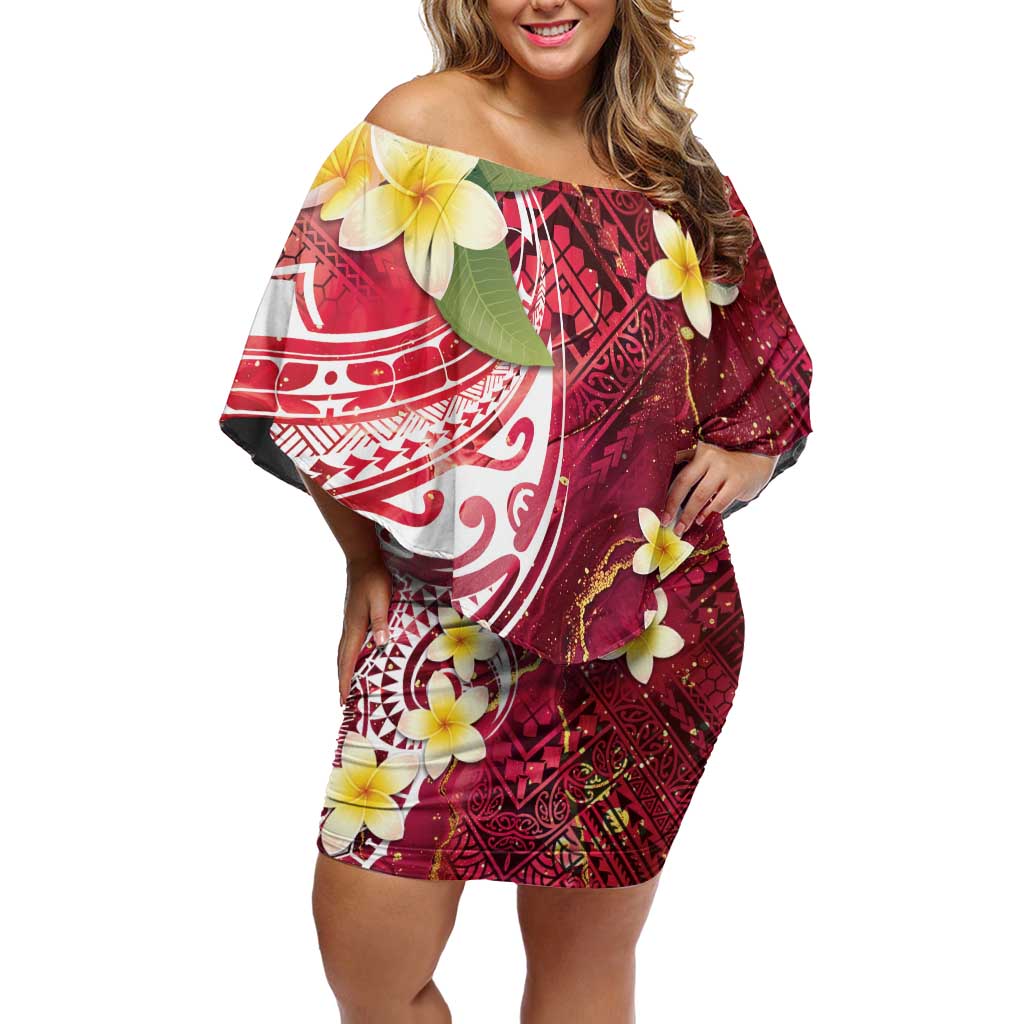 Polynesian Tribal Tattoo Off Shoulder Short Dress Plumeria Blood Red and Gold Marble Pattern LT9 Women Red - Polynesian Pride