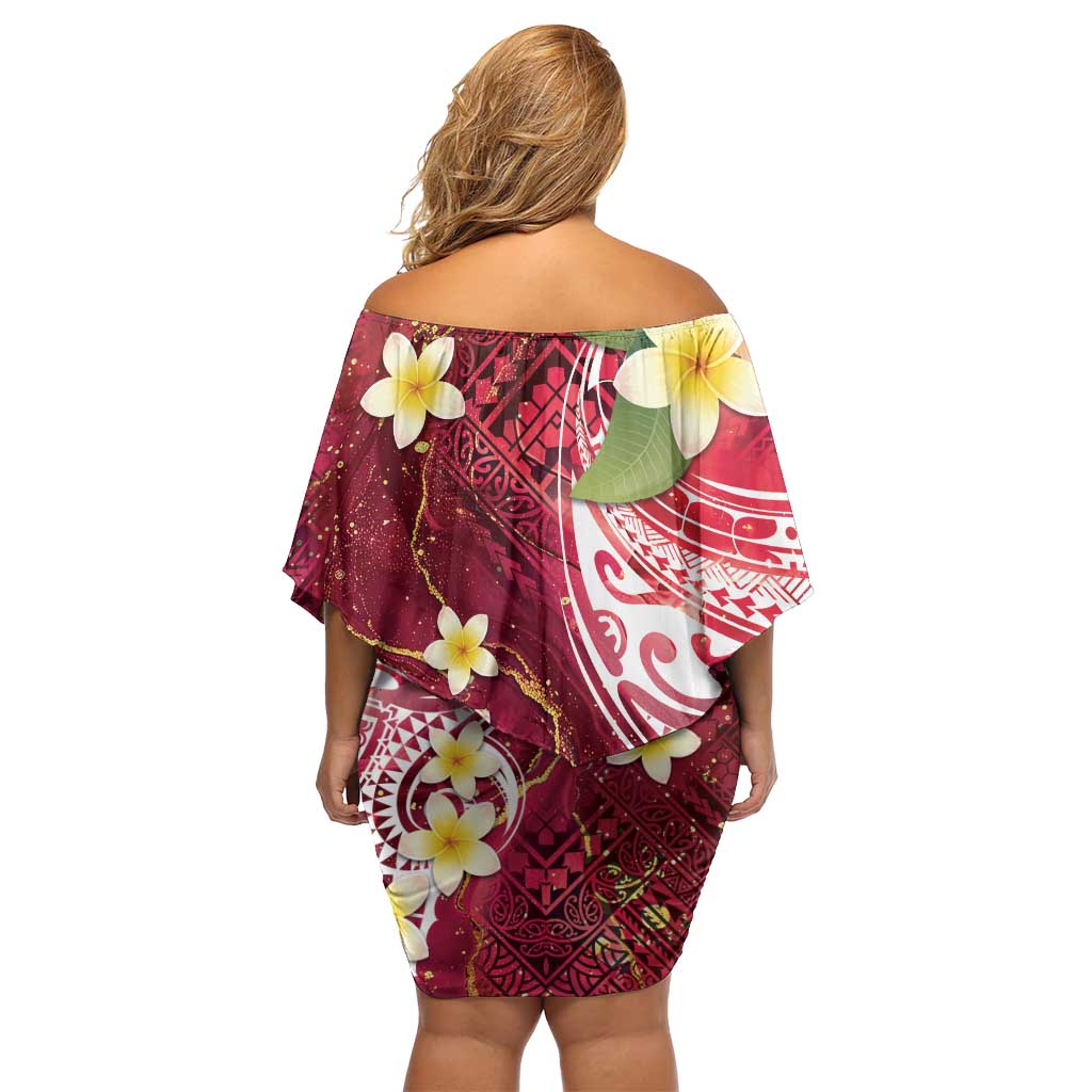 Polynesian Tribal Tattoo Off Shoulder Short Dress Plumeria Blood Red and Gold Marble Pattern LT9 - Polynesian Pride