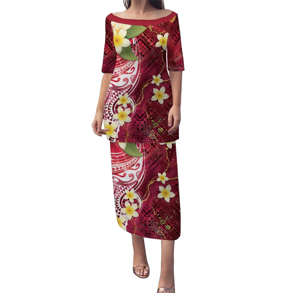 Polynesian Tribal Tattoo Puletasi Plumeria Blood Red and Gold Marble Pattern LT9 Long Dress Red - Polynesian Pride