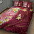 Polynesian Tribal Tattoo Quilt Bed Set Plumeria Blood Red and Gold Marble Pattern