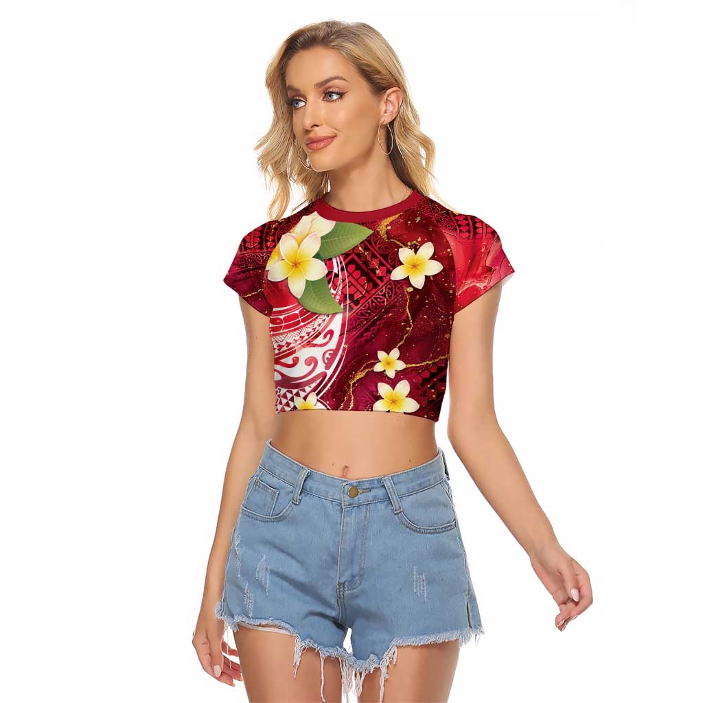 Polynesian Tribal Tattoo Raglan Cropped T Shirt Plumeria Blood Red and Gold Marble Pattern LT9 Female Red - Polynesian Pride