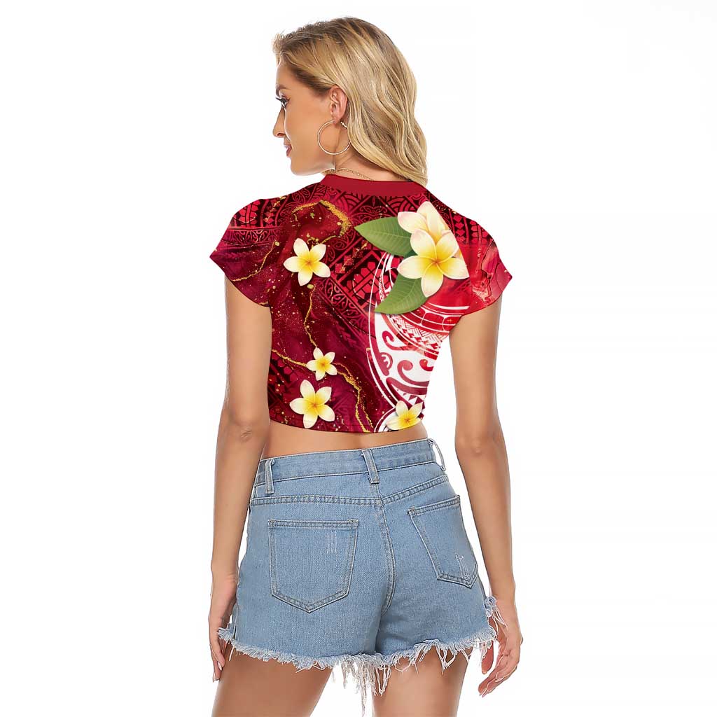 Polynesian Tribal Tattoo Raglan Cropped T Shirt Plumeria Blood Red and Gold Marble Pattern LT9 - Polynesian Pride