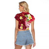 Polynesian Tribal Tattoo Raglan Cropped T Shirt Plumeria Blood Red and Gold Marble Pattern LT9 - Polynesian Pride