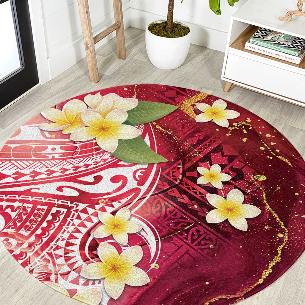 Polynesian Tribal Tattoo Round Carpet Plumeria Blood Red and Gold Marble Pattern