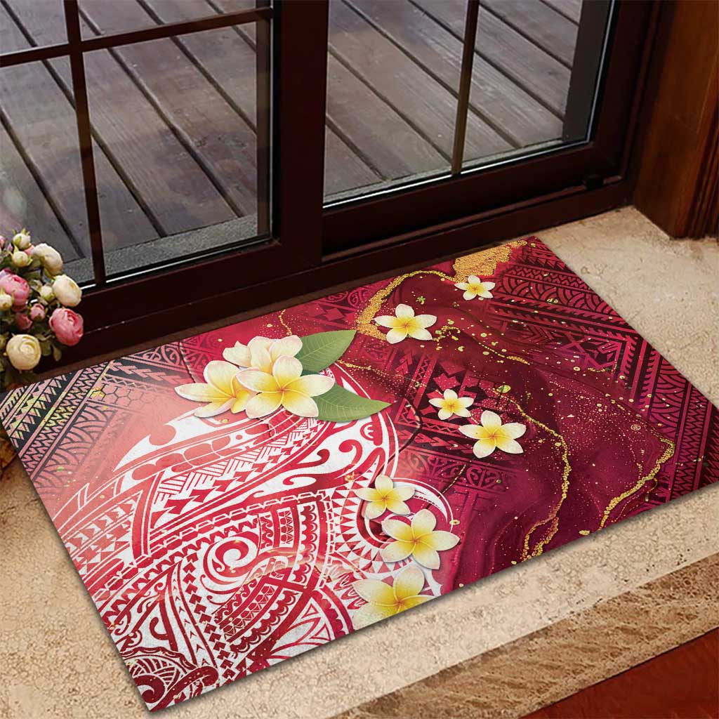 Polynesian Tribal Tattoo Rubber Doormat Plumeria Blood Red and Gold Marble Pattern LT9 - Polynesian Pride