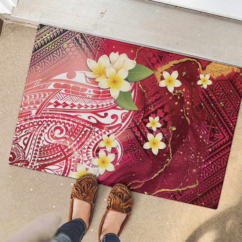 Polynesian Tribal Tattoo Rubber Doormat Plumeria Blood Red and Gold Marble Pattern LT9 - Polynesian Pride