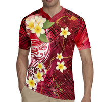 Polynesian Tribal Tattoo Rugby Jersey Plumeria Blood Red and Gold Marble Pattern