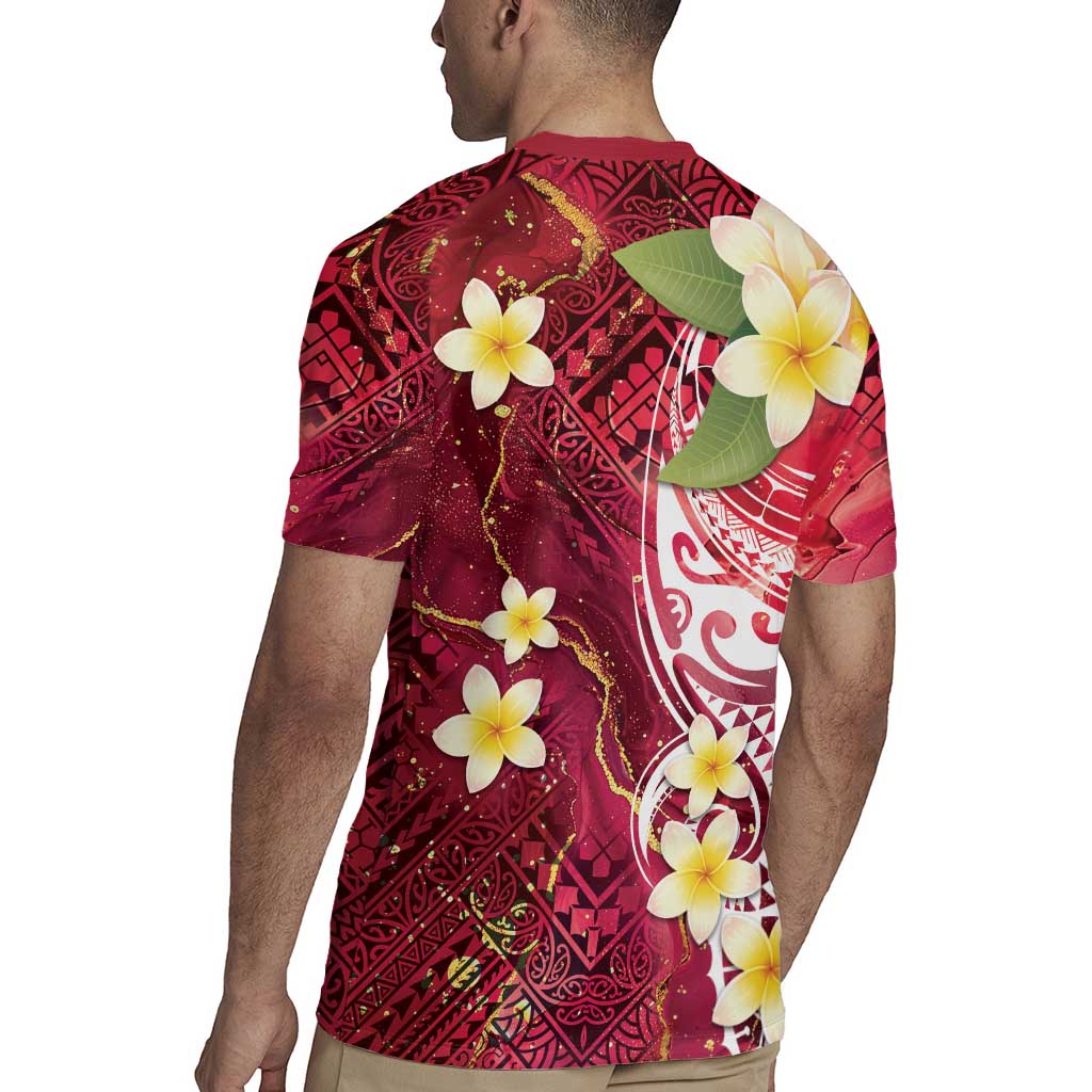Polynesian Tribal Tattoo Rugby Jersey Plumeria Blood Red and Gold Marble Pattern