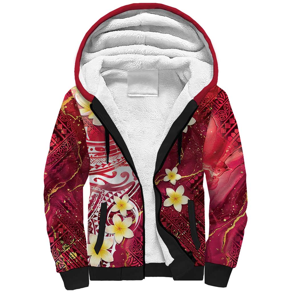 Polynesian Tribal Tattoo Sherpa Hoodie Plumeria Blood Red and Gold Marble Pattern LT9 Unisex Red - Polynesian Pride