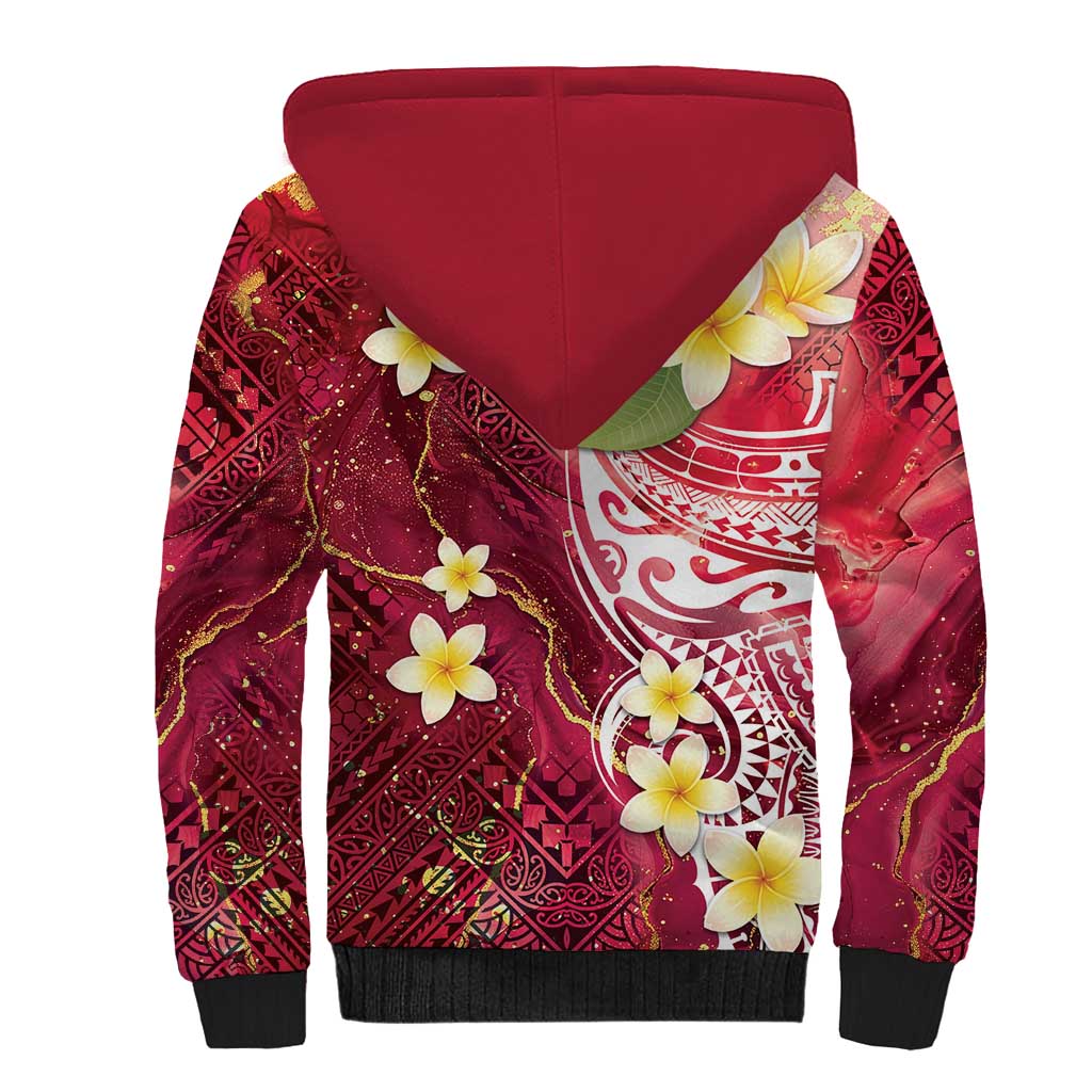 Polynesian Tribal Tattoo Sherpa Hoodie Plumeria Blood Red and Gold Marble Pattern LT9 - Polynesian Pride