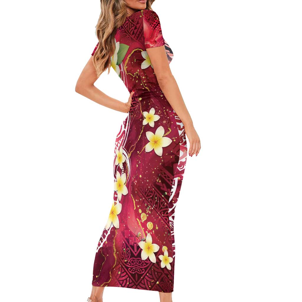 Polynesian Tribal Tattoo Short Sleeve Bodycon Dress Plumeria Blood Red and Gold Marble Pattern