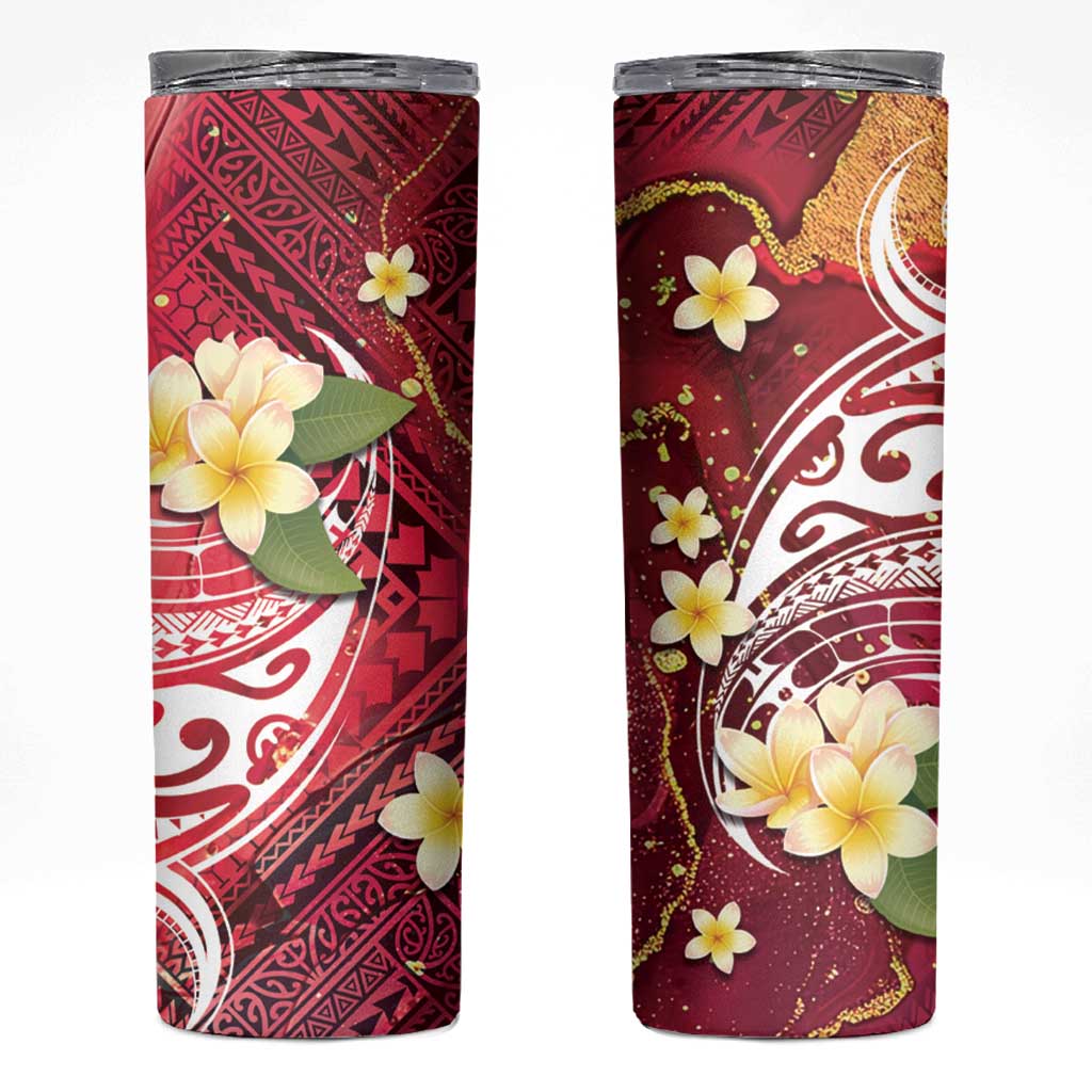 Polynesian Tribal Tattoo Skinny Tumbler Plumeria Blood Red and Gold Marble Pattern