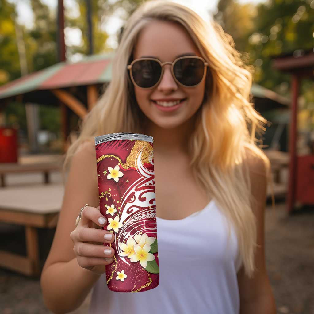 Polynesian Tribal Tattoo Skinny Tumbler Plumeria Blood Red and Gold Marble Pattern
