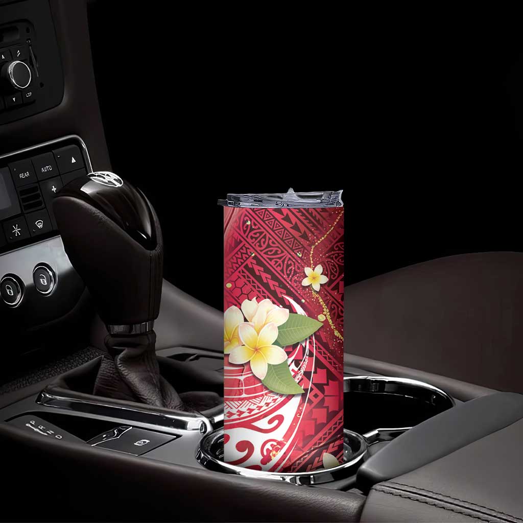 Polynesian Tribal Tattoo Skinny Tumbler Plumeria Blood Red and Gold Marble Pattern