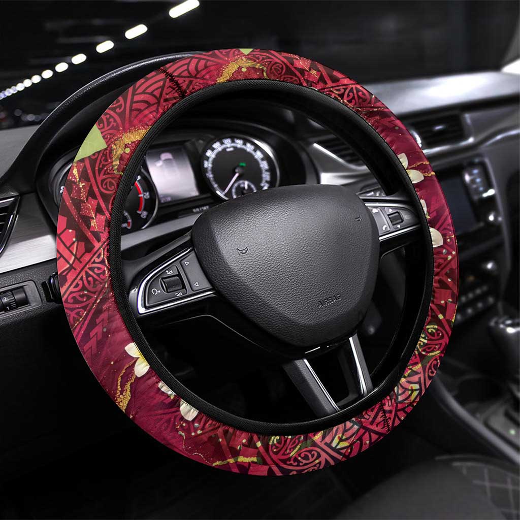 Polynesian Tribal Tattoo Steering Wheel Cover Plumeria Blood Red and Gold Marble Pattern LT9 Universal Fit Red - Polynesian Pride