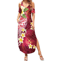 Polynesian Tribal Tattoo Summer Maxi Dress Plumeria Blood Red and Gold Marble Pattern LT9 Women Red - Polynesian Pride