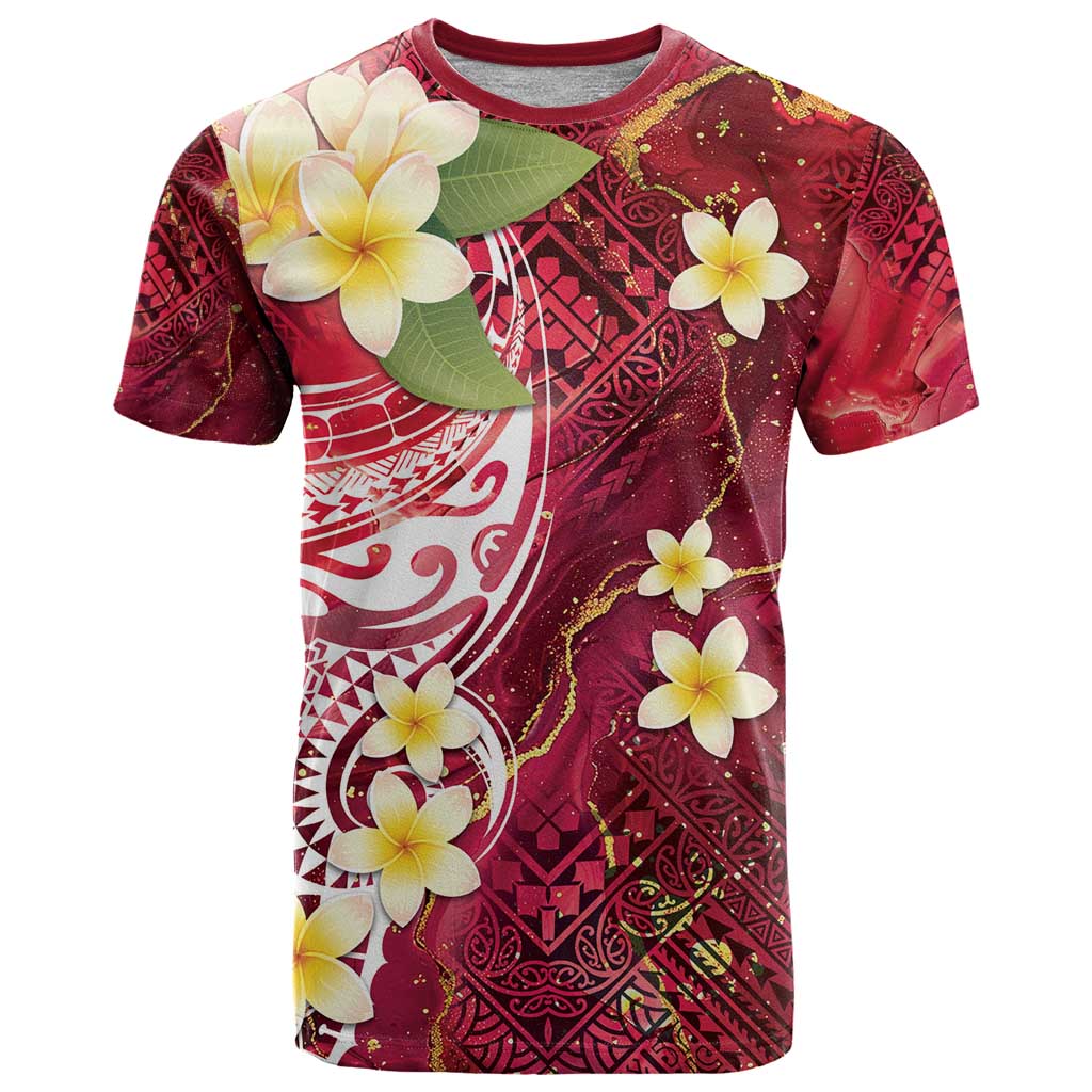 Polynesian Tribal Tattoo T Shirt Plumeria Blood Red and Gold Marble Pattern