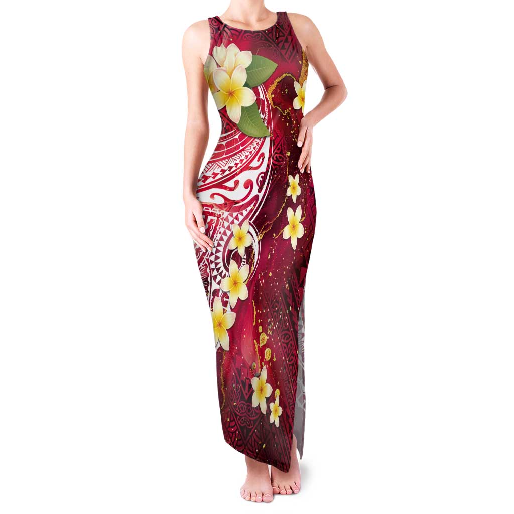 Polynesian Tribal Tattoo Tank Maxi Dress Plumeria Blood Red and Gold Marble Pattern LT9 Women Red - Polynesian Pride