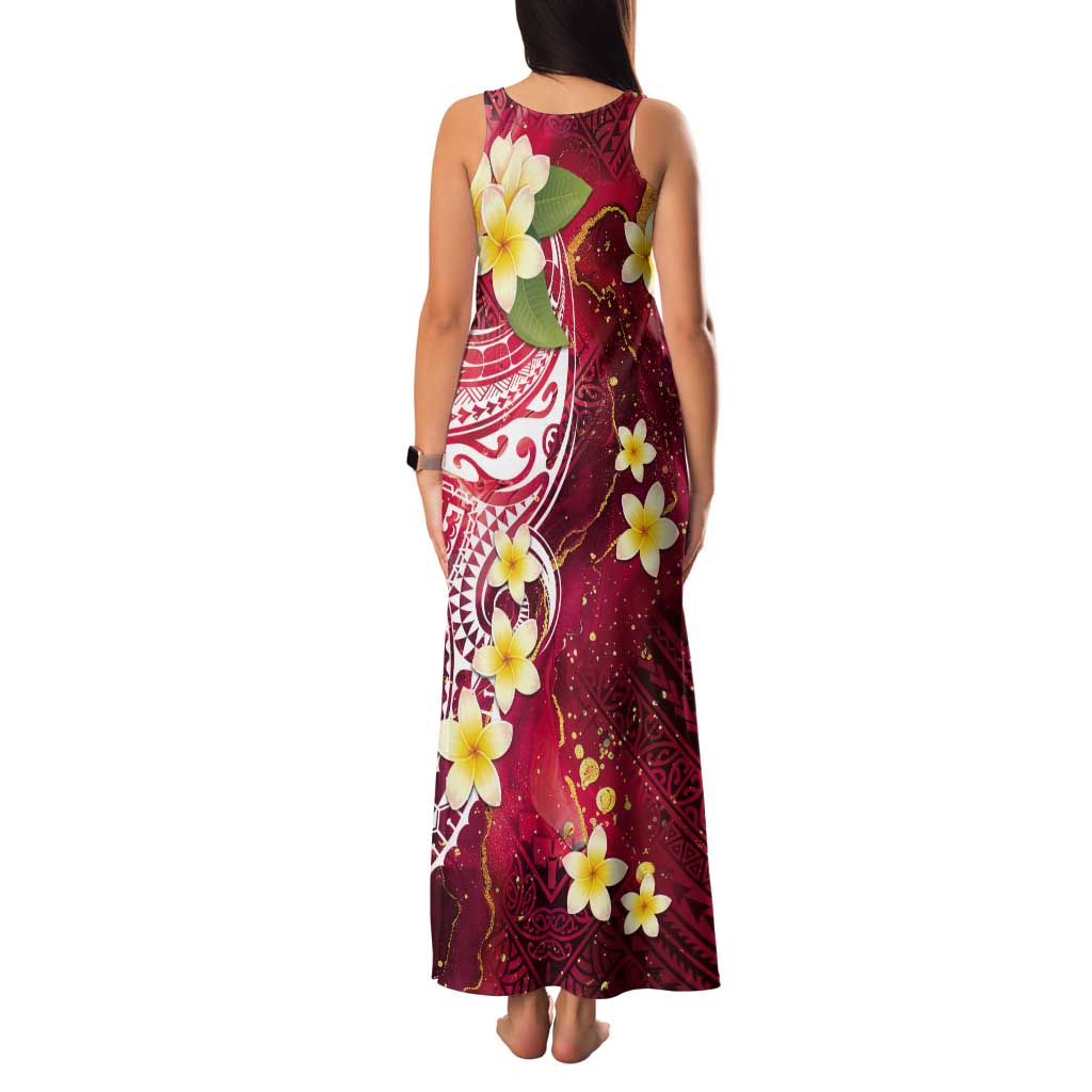 Polynesian Tribal Tattoo Tank Maxi Dress Plumeria Blood Red and Gold Marble Pattern LT9 - Polynesian Pride
