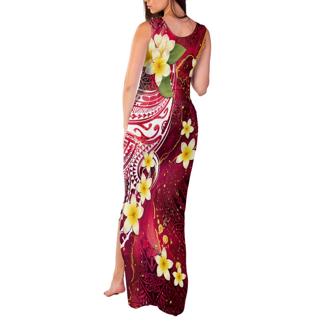 Polynesian Tribal Tattoo Tank Maxi Dress Plumeria Blood Red and Gold Marble Pattern LT9 - Polynesian Pride
