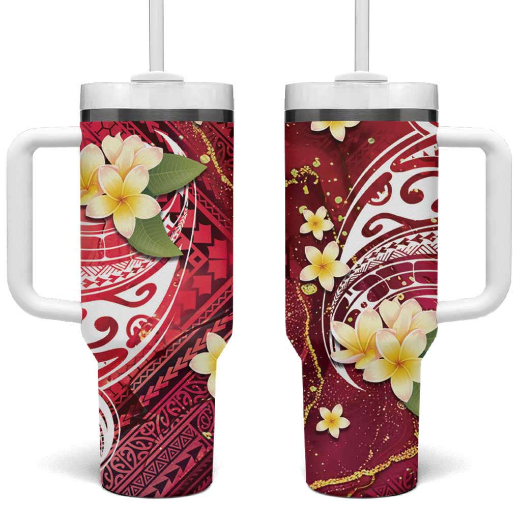 Polynesian Tribal Tattoo Tumbler With Handle Plumeria Blood Red and Gold Marble Pattern LT9 One Size: 40 oz Red - Polynesian Pride